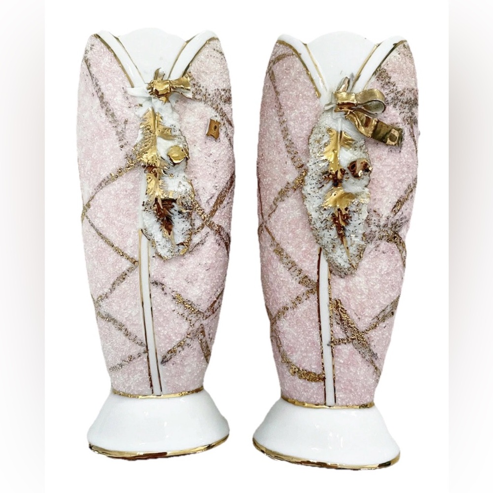 Vintage Lefton Pink Gold Leaf Bud Vases 7” Set of 2 Japan KW008